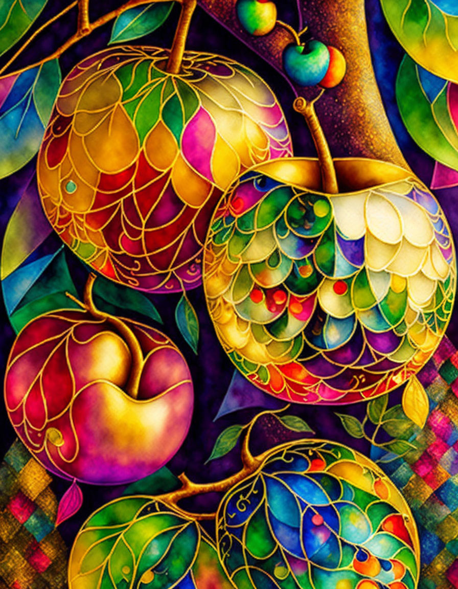 Colorful Fruit Tree Illustration in Stained-Glass Style