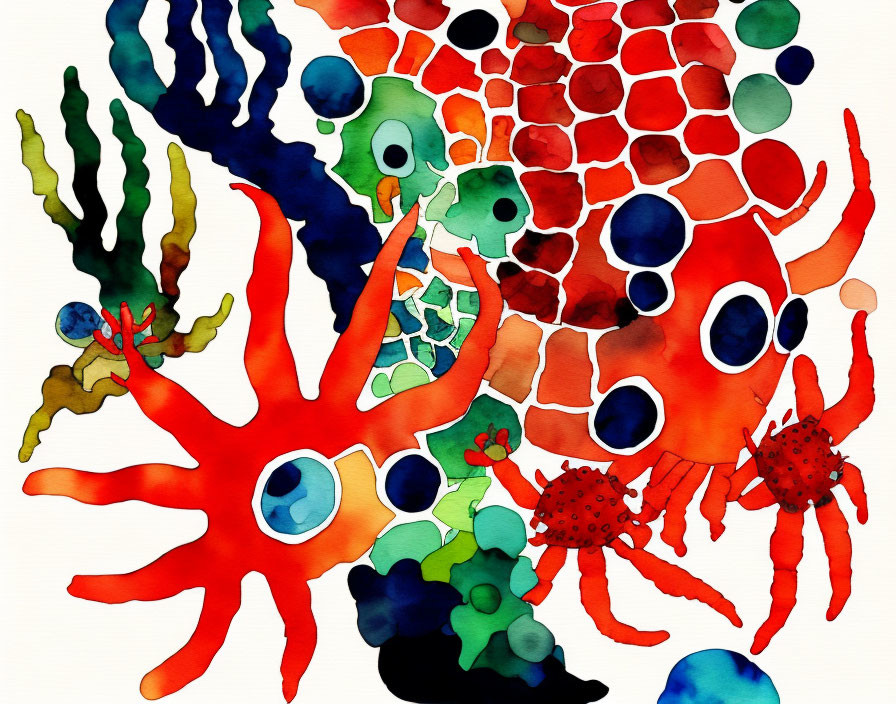 Vibrant Abstract Watercolor Painting of Sea Corals and Creatures
