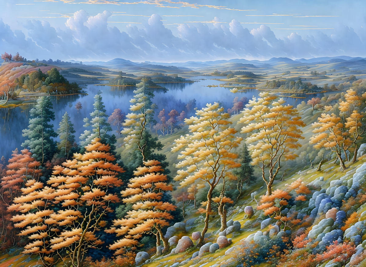 Tranquil autumn landscape with golden trees, calm lake, hills, fluffy clouds