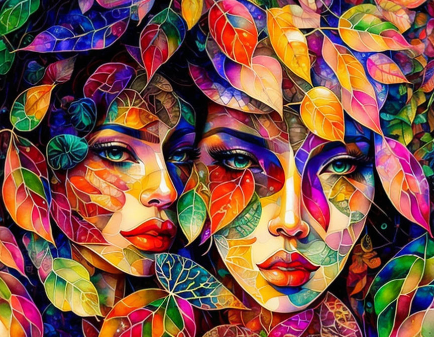 Colorful artwork: Two women's faces blend with leafy mosaic