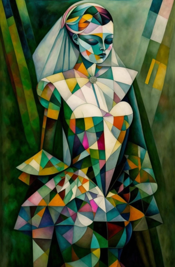 Colorful Cubist-Style Abstract Painting of Woman on Green Background