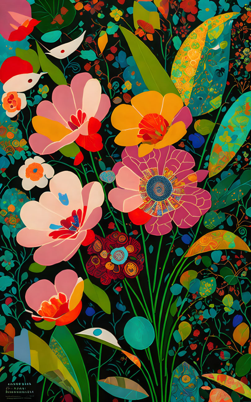 Colorful floral illustration with intricate patterns on dark background