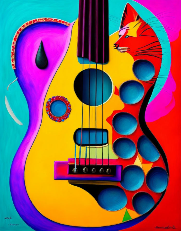 Abstract Colorful Guitar Art with Cat Face and Circular Patterns