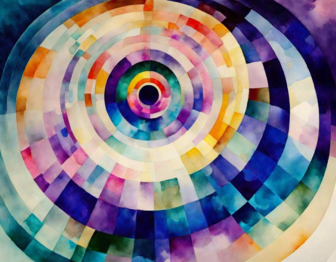 Vibrant concentric circle pattern in abstract watercolor art