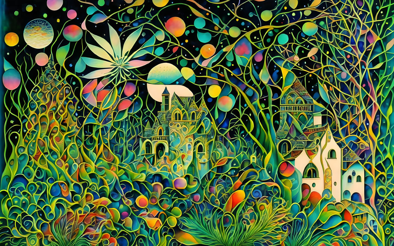 Colorful psychedelic landscape with whimsical buildings and swirling patterns