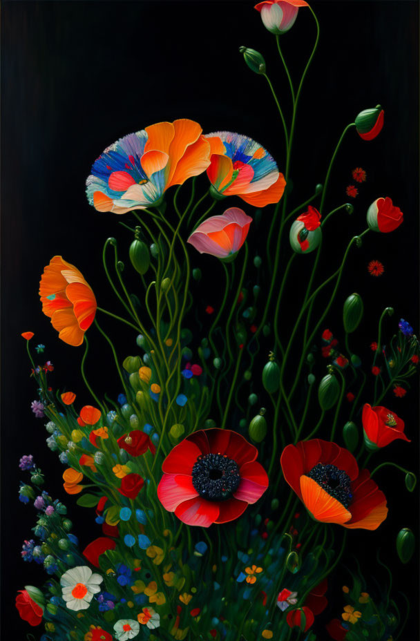 Colorful wildflowers on dark background: vibrant poppies contrast.