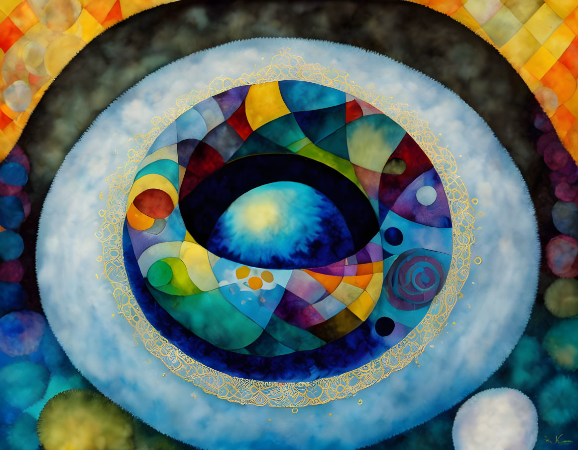Vibrant abstract eye illustration with concentric circles in kaleidoscope.
