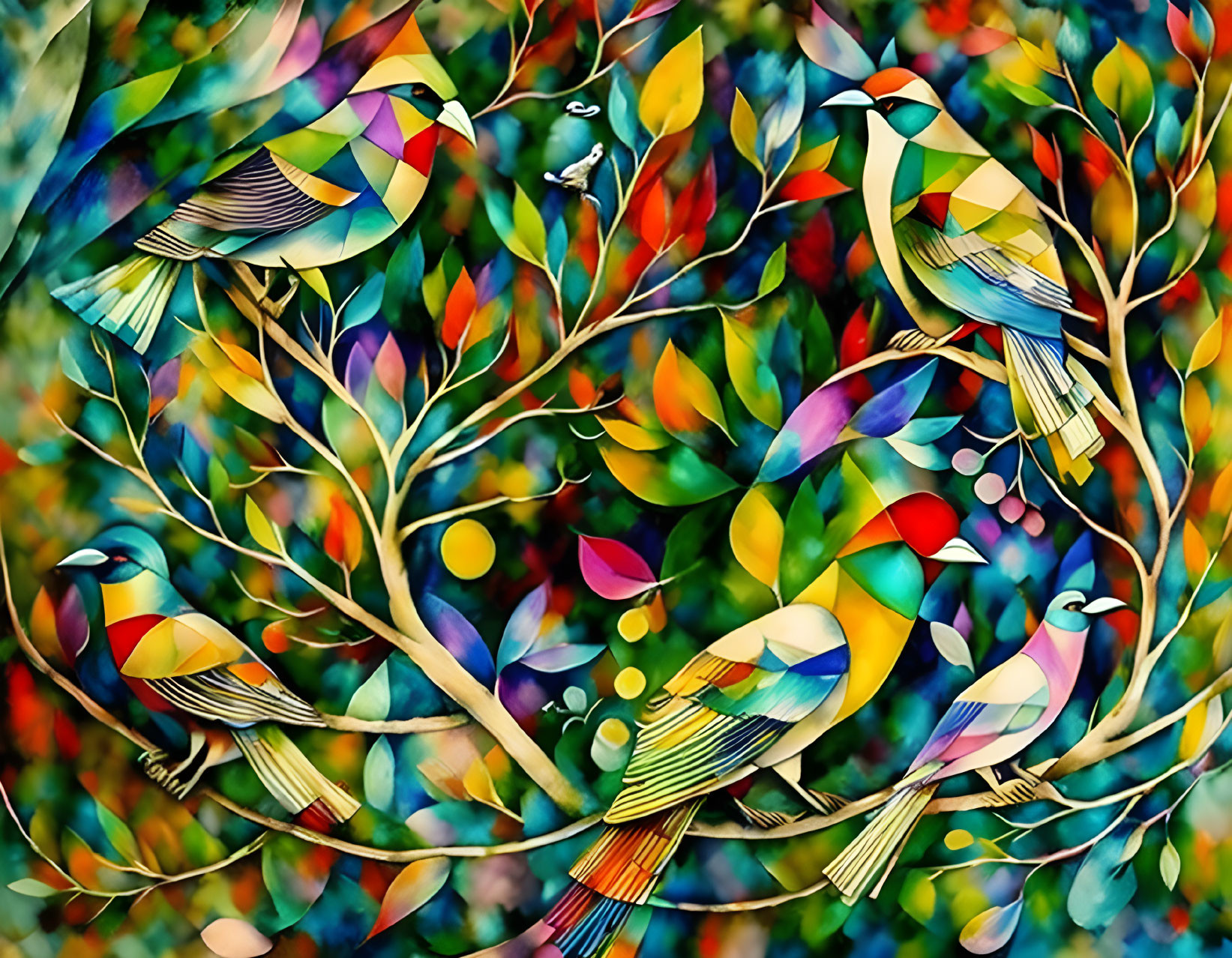 Colorful Painting of Stylized Birds on Branches with Abstract Leaves