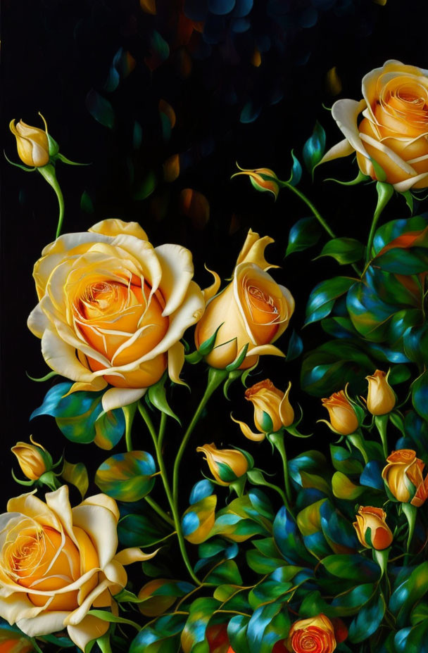 Yellow roses in different stages of bloom on dark background