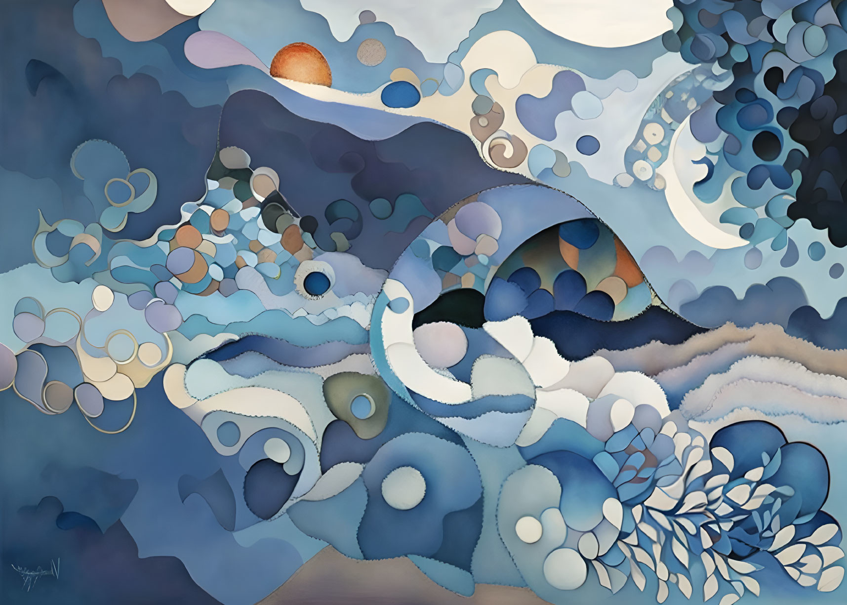 Abstract Painting with Swirling Blue, White, and Brown Patterns