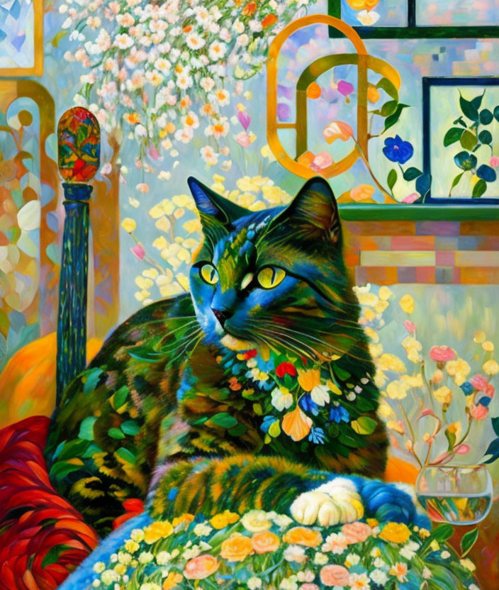 Tabby cat painting with floral necklace and stained-glass windows