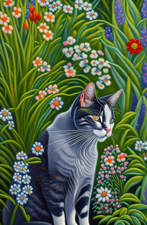 Black and white cat surrounded by colorful flowers and green foliage