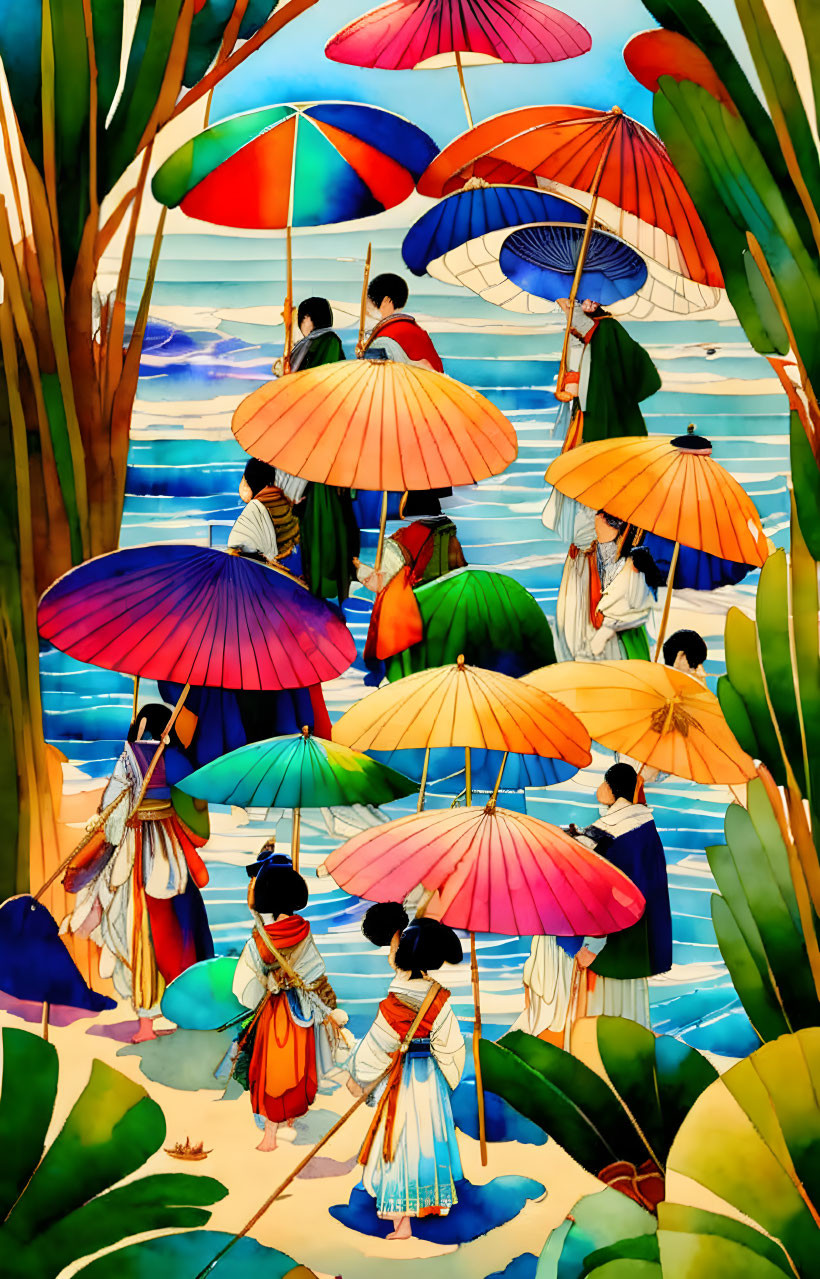 Illustration: People in traditional attire with colorful umbrellas in vibrant forest by ocean