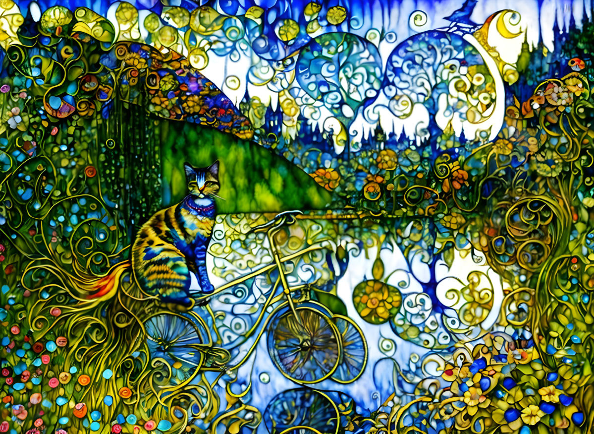 Colorful Cat and Bicycle in Stained Glass Style Illustration