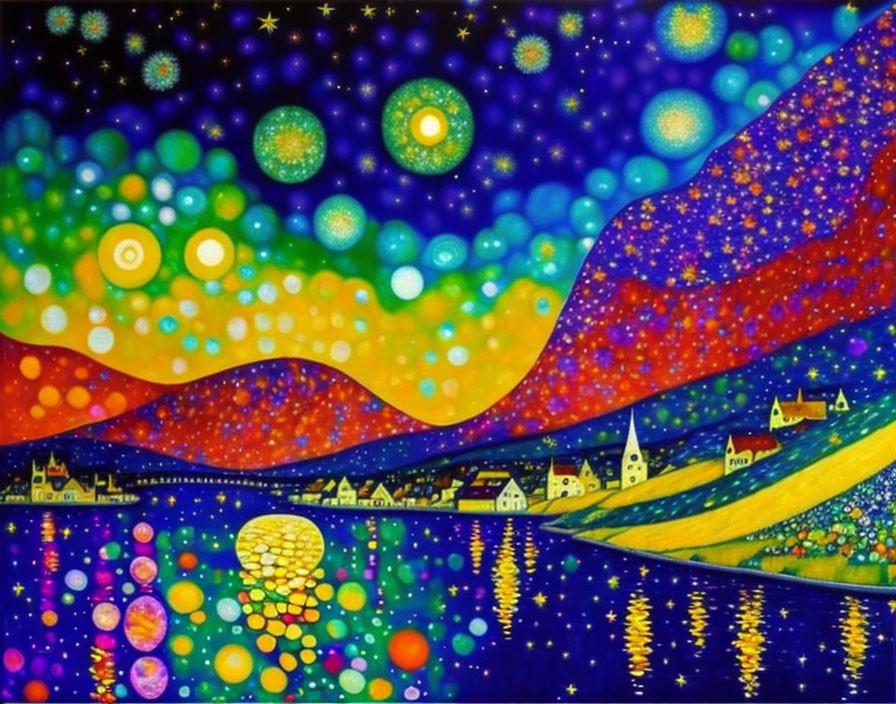 Colorful painting: Starry night sky over whimsical village with river reflections