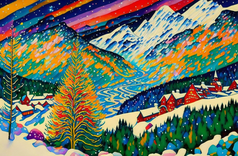 Colorful Winter Mountain Landscape with Starry Sky & River
