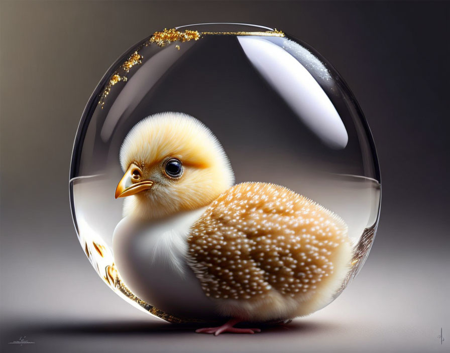 Fluffy yellow chick in transparent sphere with golden glitter.