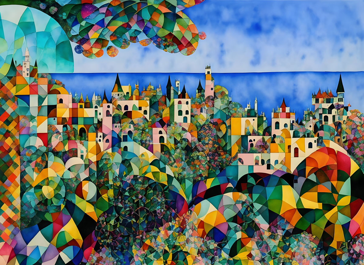 Colorful painting: Whimsical landscape with castle & geometric sky