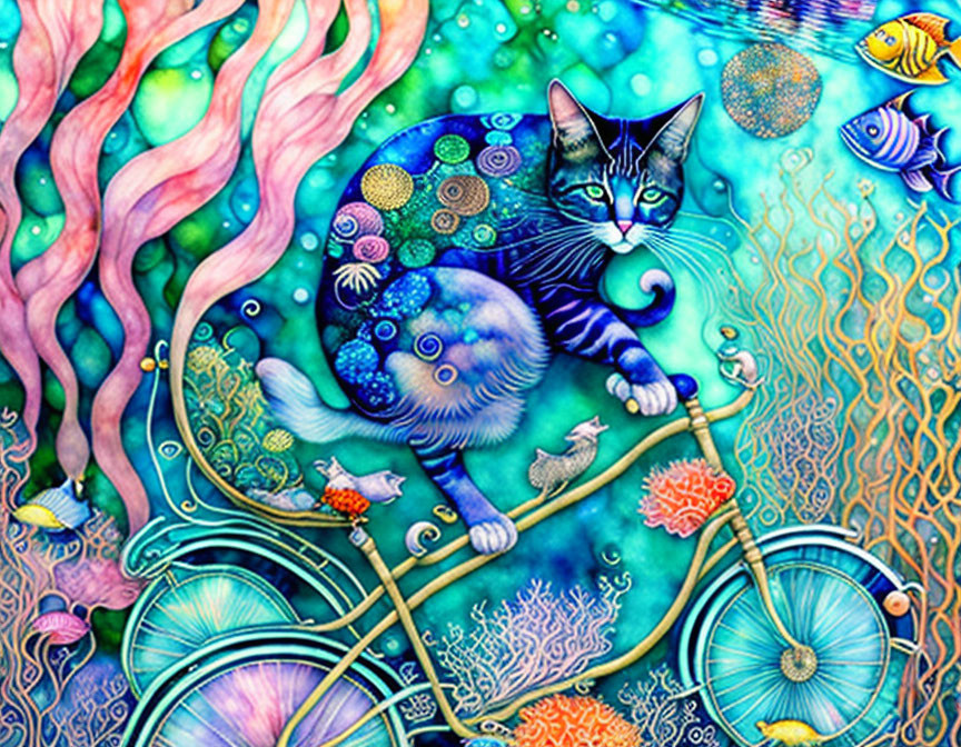 Colorful Cat on Bicycle Surrounded by Marine Life and Coral