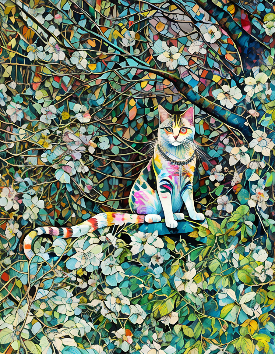 Patterned Cat Surrounded by Colorful Floral Background