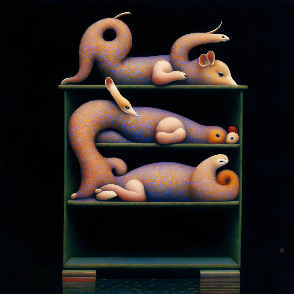Surreal image: Four shelves with hybrid animal creatures