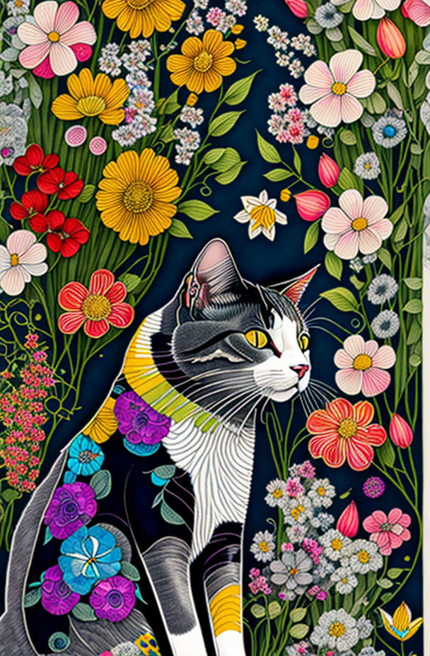 Vibrant Flower Surrounding Black and White Cat on Dark Blue Background