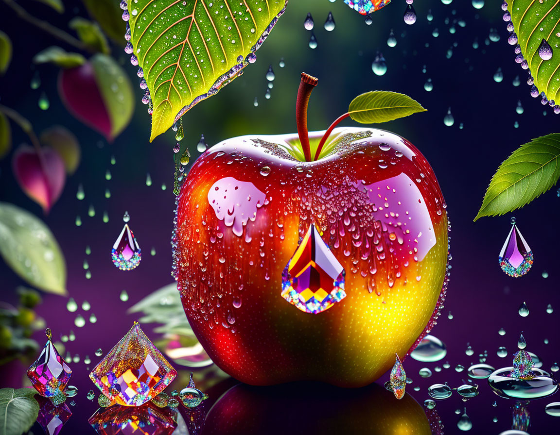 Red Apple with Water Droplets and Green Leaves on Purple Background