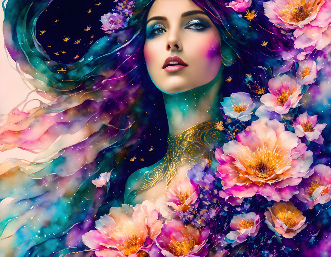 Colorful digital artwork: Woman with multicolored hair and flowers on cosmic background