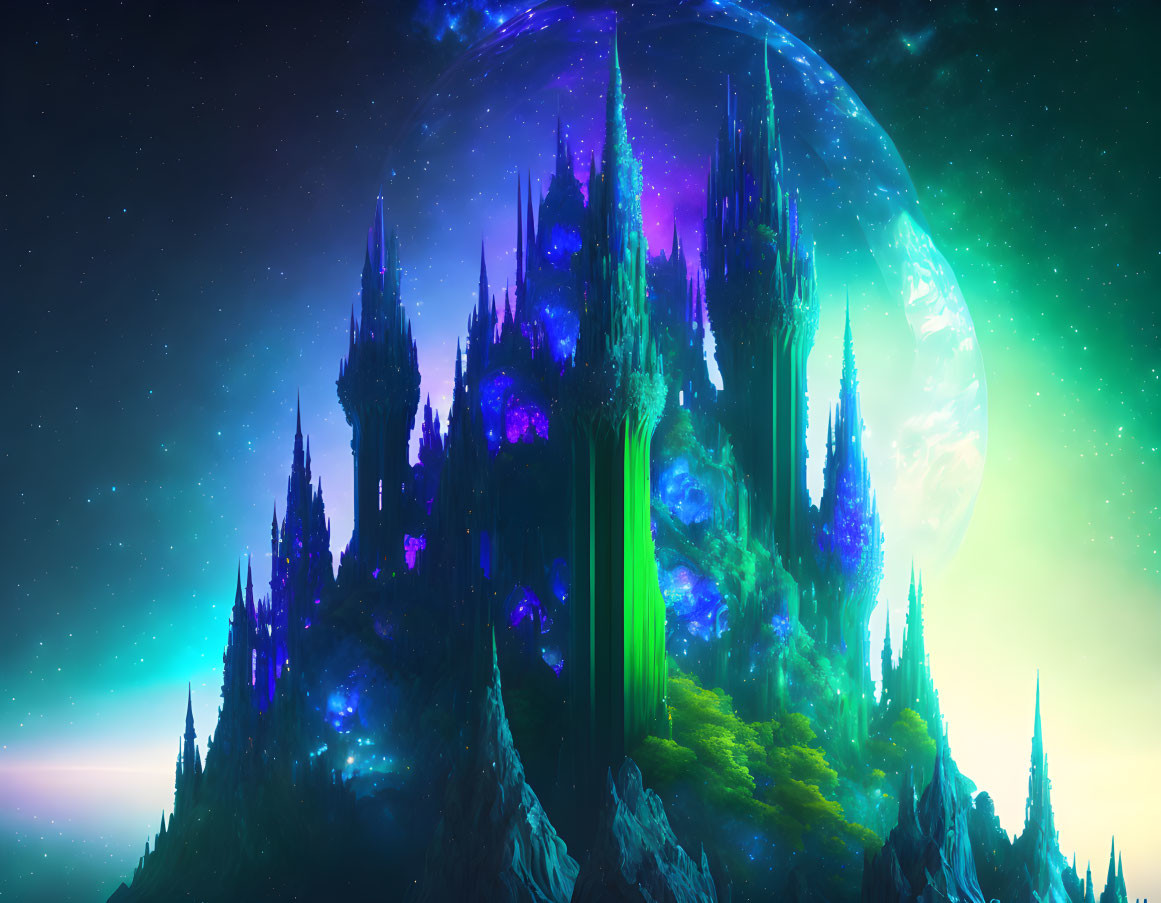 Fantastical landscape with towering spires under starry sky in neon green and purple.