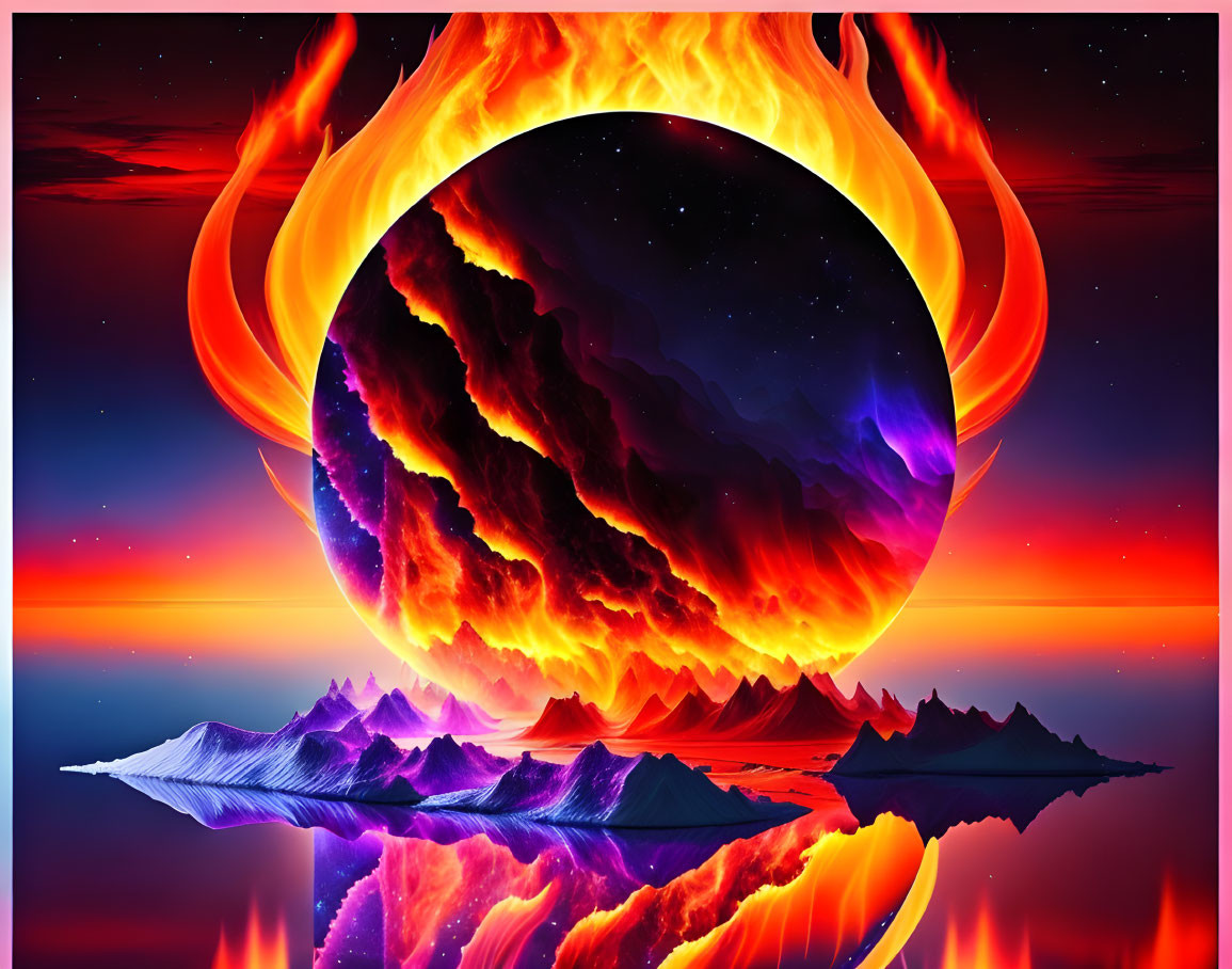 Surreal digital artwork of fiery ring and cosmic landscape