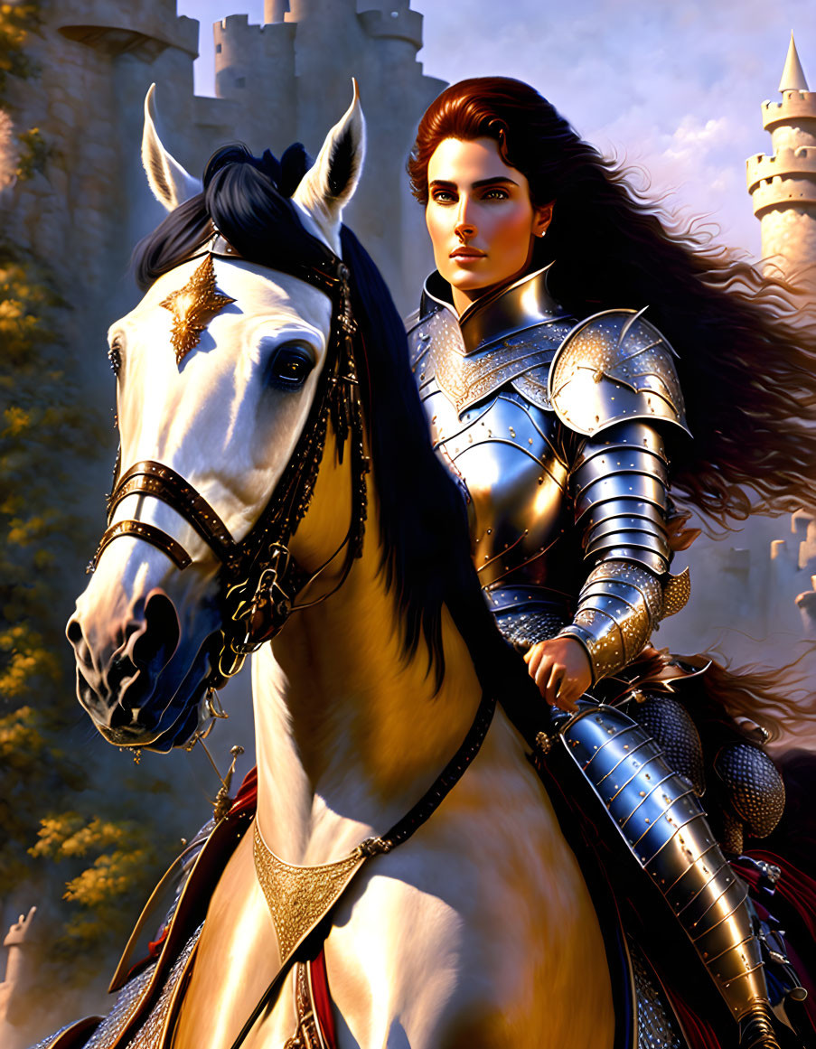 Regal warrior in shining armor on white horse with castle backdrop