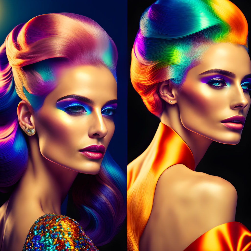 Vibrant Multi-Colored Hair and Bold Makeup Portraits on Dark Background