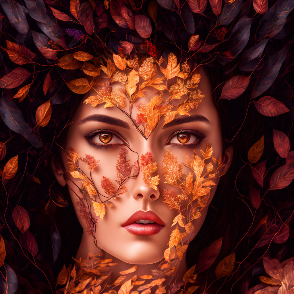 Vibrant autumn leaves adorn woman's face against dark foliage