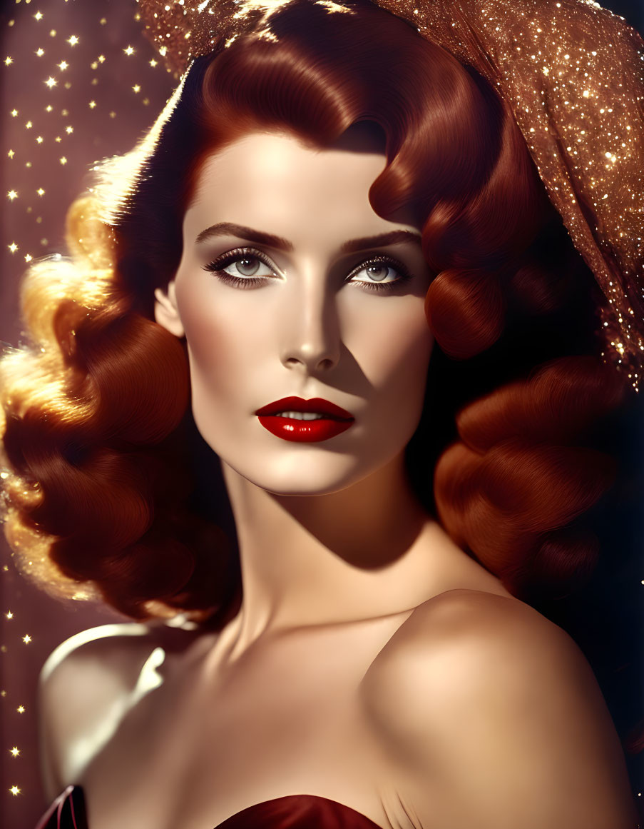 Stylized portrait of woman with voluminous red hair and classic vintage Hollywood look