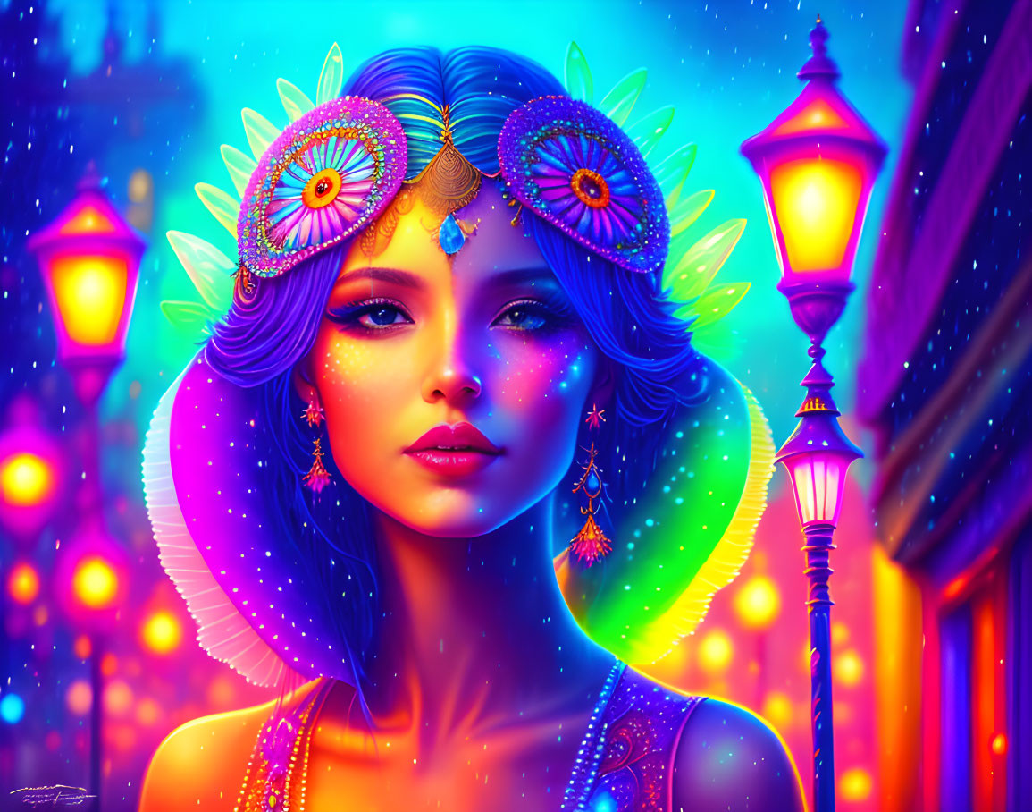 Colorful digital portrait of woman with purple hair and glowing skin adorned with gold and floral headpieces.