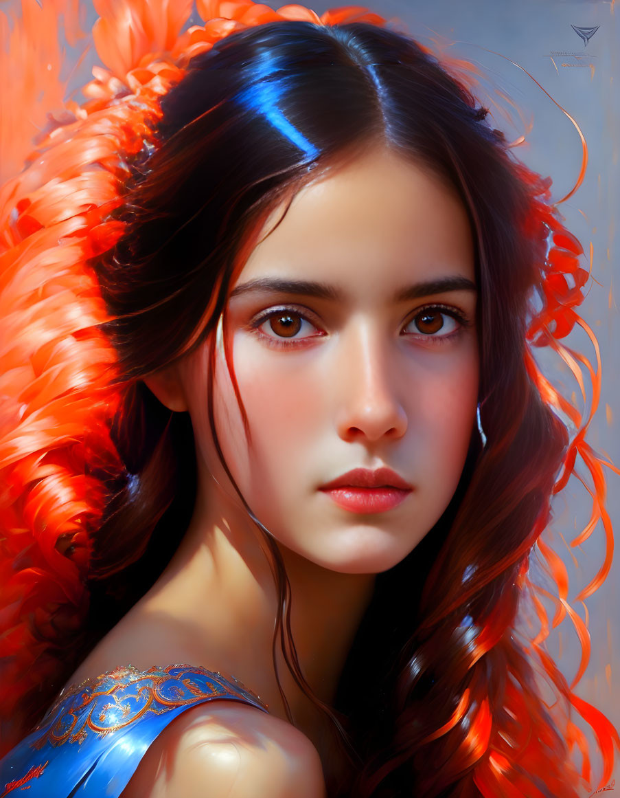 Vivid digital portrait of young woman with amber eyes and orange hair on red backdrop