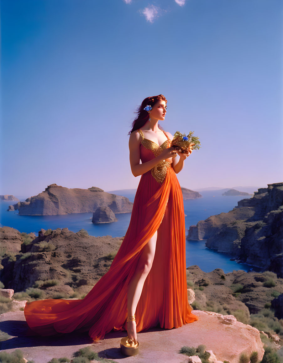 Woman in elegant red dress on cliff with serene sea and sky background.