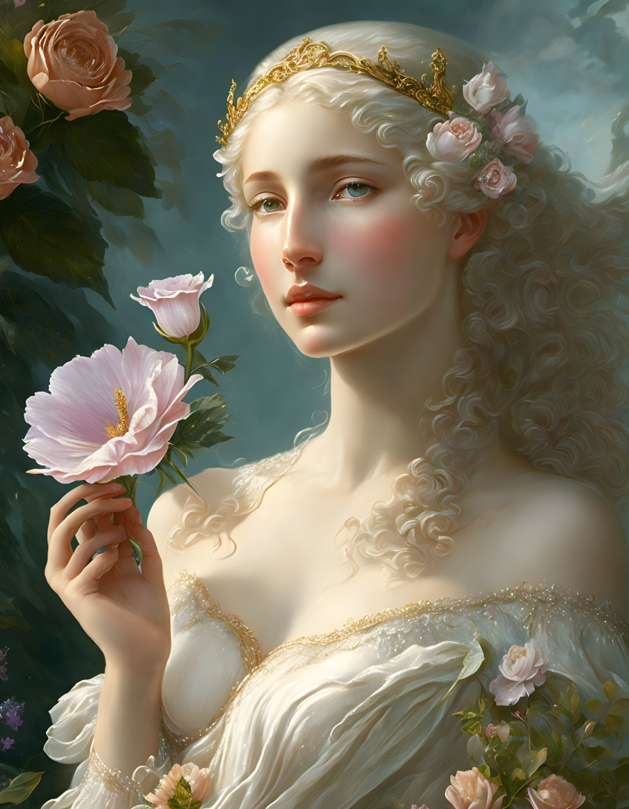 Ethereal woman with golden crown and pink rose in soft light