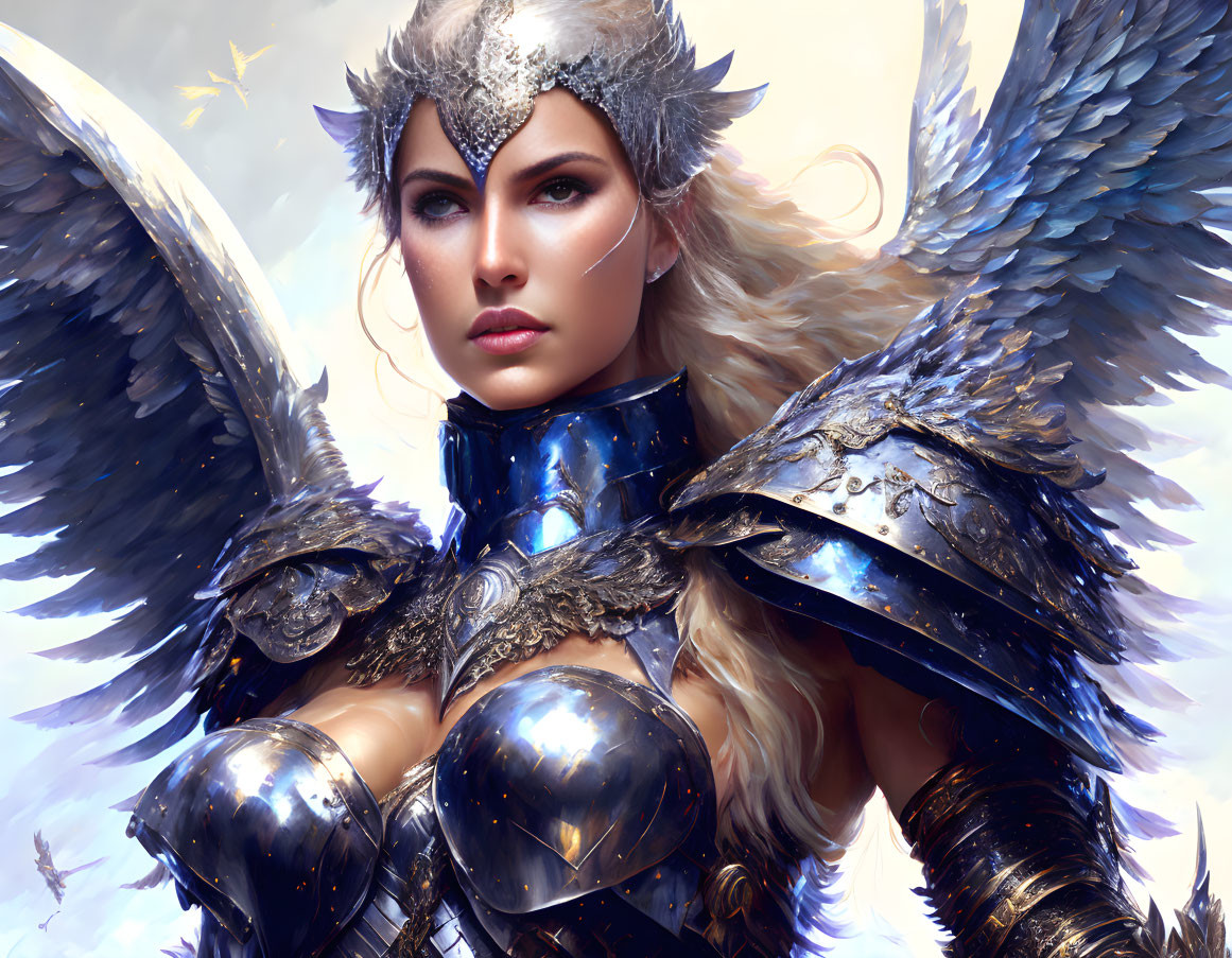 Fantasy female warrior digital artwork with blue armor and feathered wings