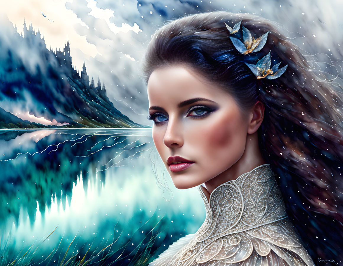 Digital art portrait of woman with blue eyes and dark hair in fantastical landscape