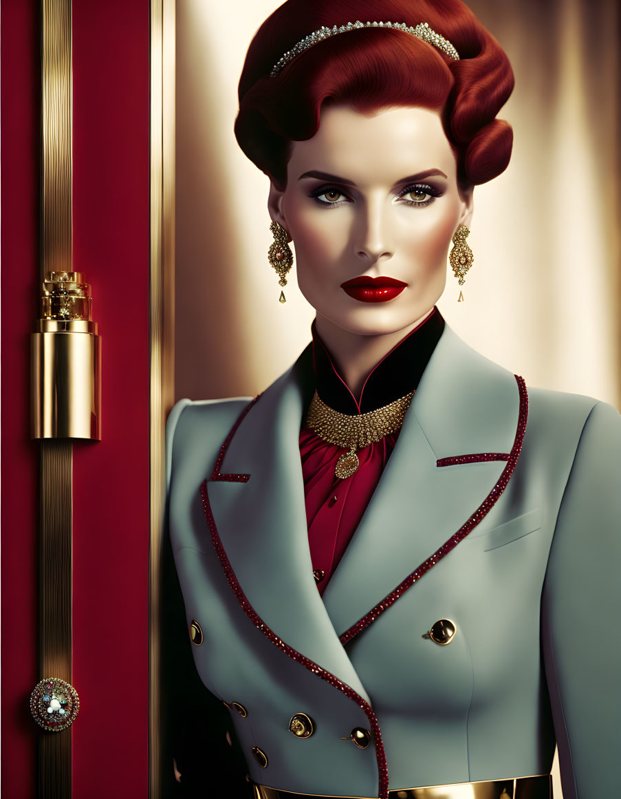 Vintage woman with red hair in blue jacket and gold accessories against red curtain