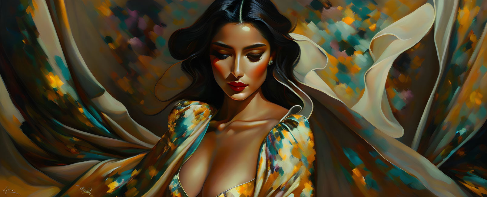 Vibrant digital artwork of woman in yellow dress with flowing hair