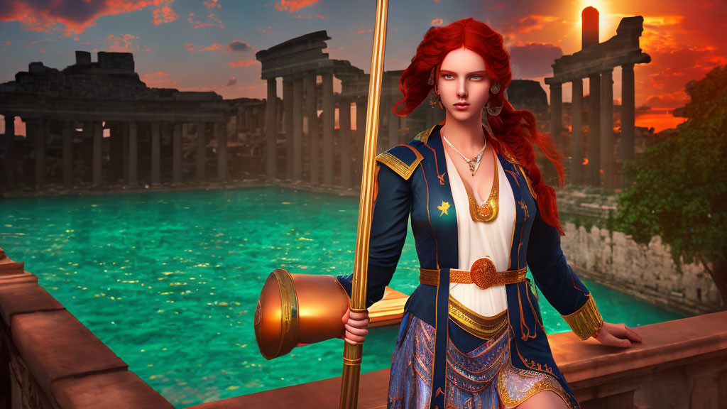 Red-haired woman in blue & gold admiral outfit with telescope near water and ancient ruins