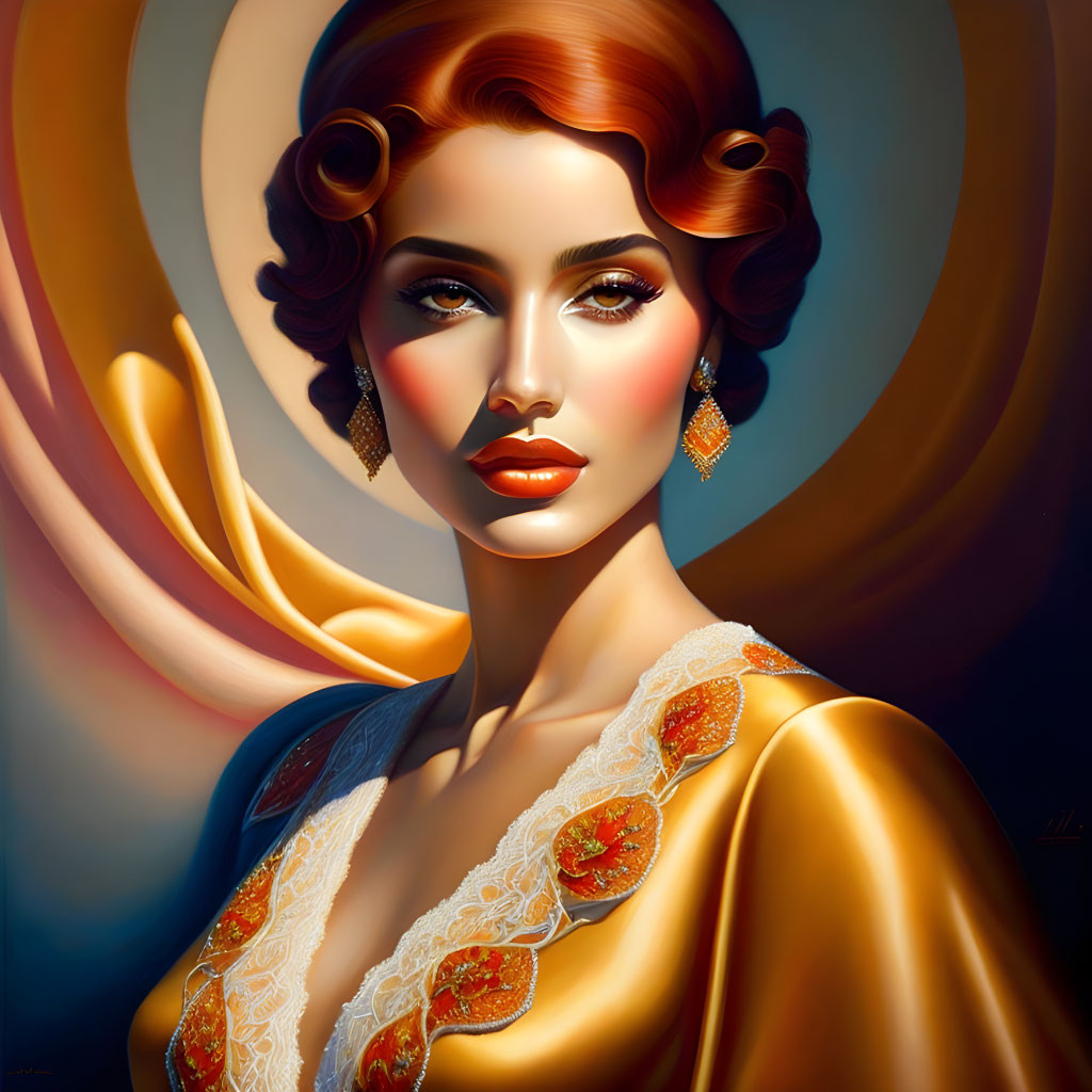 Stylized portrait of woman with red hair and blue eyes in vintage attire