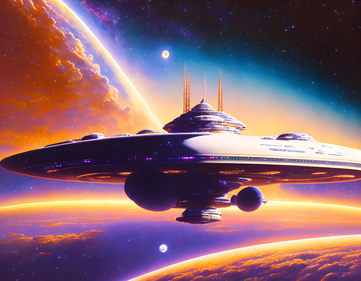 Futuristic spaceship with spires hovering above vibrant orange planet