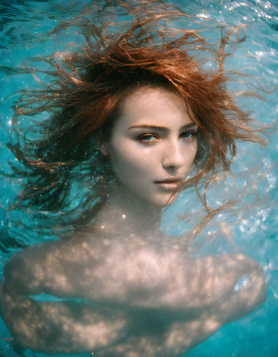 Person with flowing hair in clear blue water, serene expression.