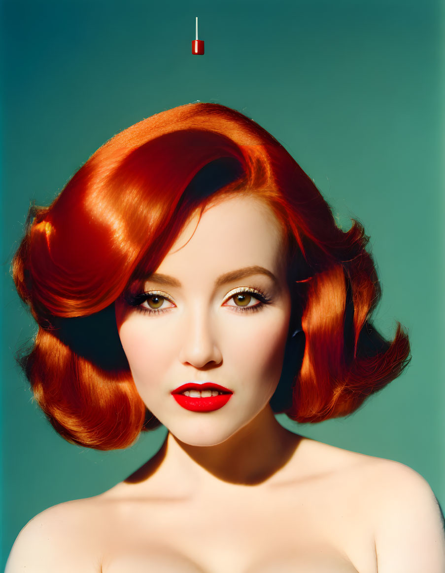 Vibrant red-haired woman with waves and red lipstick on teal background