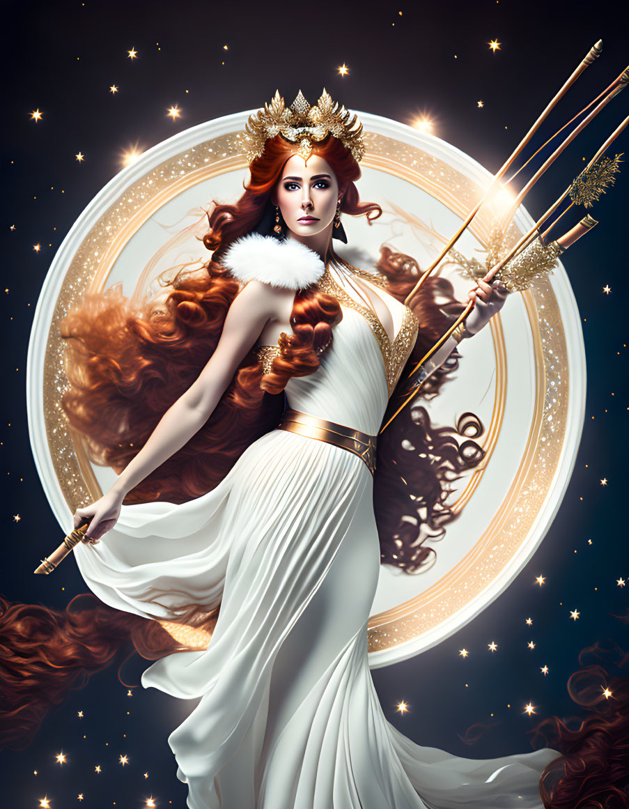 Majestic queen with crown and golden scepter, arrows, white dress, gold accents, star