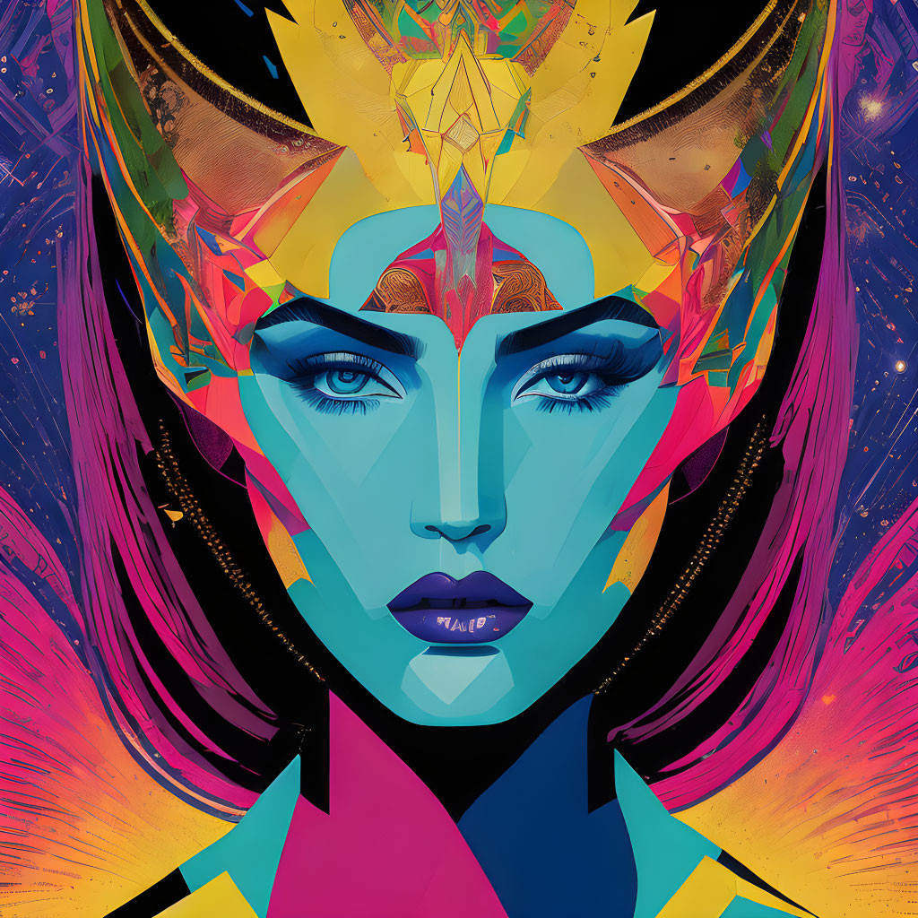 Colorful Abstract Digital Art of Woman's Face with Symmetrical Elements