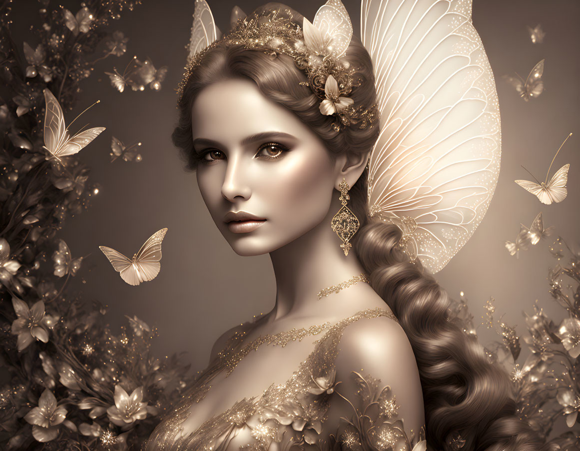 Sepia-toned image of woman with fairy wings and floral headdress, surrounded by butterflies.